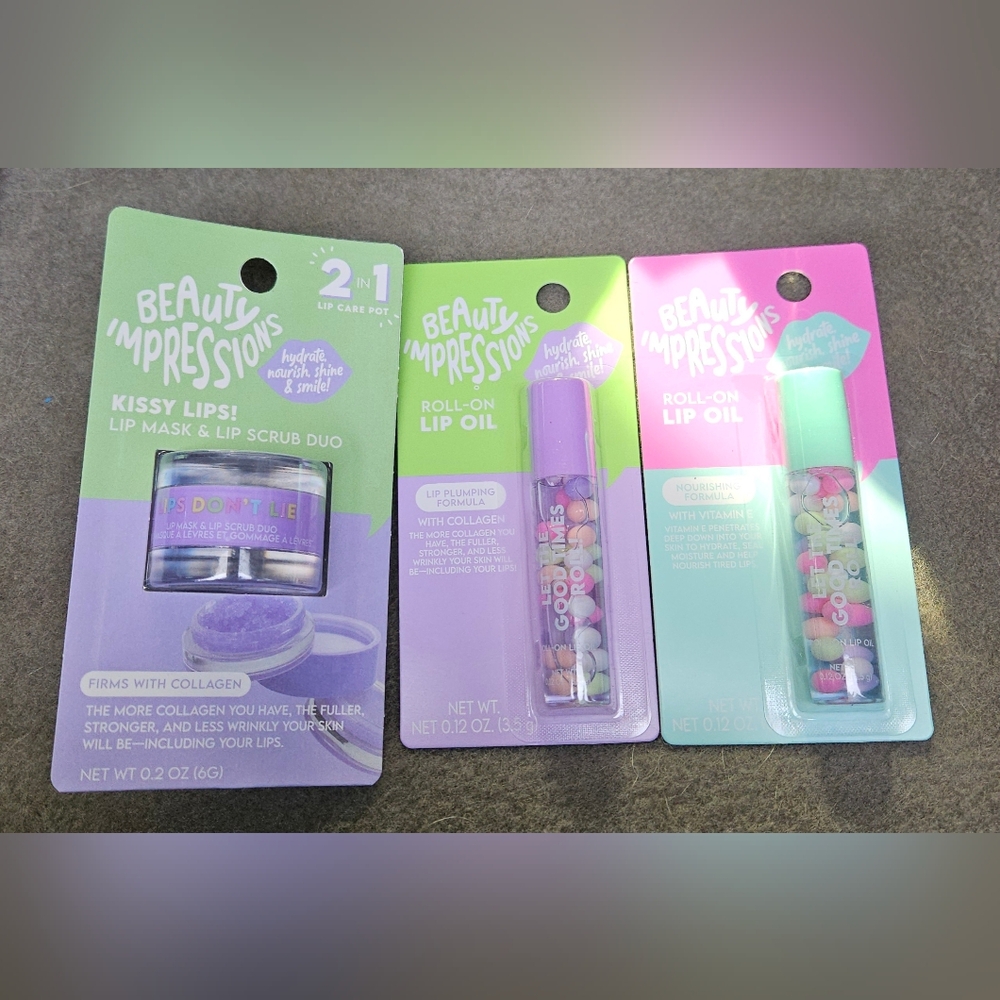 Beauty Impressions 2-in-1 Lip Mask/ Lip Scrub + Roll-On Lip Oils BNIB